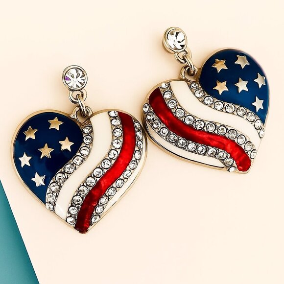 Patriotic Jewelry - American Flag Heart-Shaped Crystal Drop Earrings With Red White & Blue